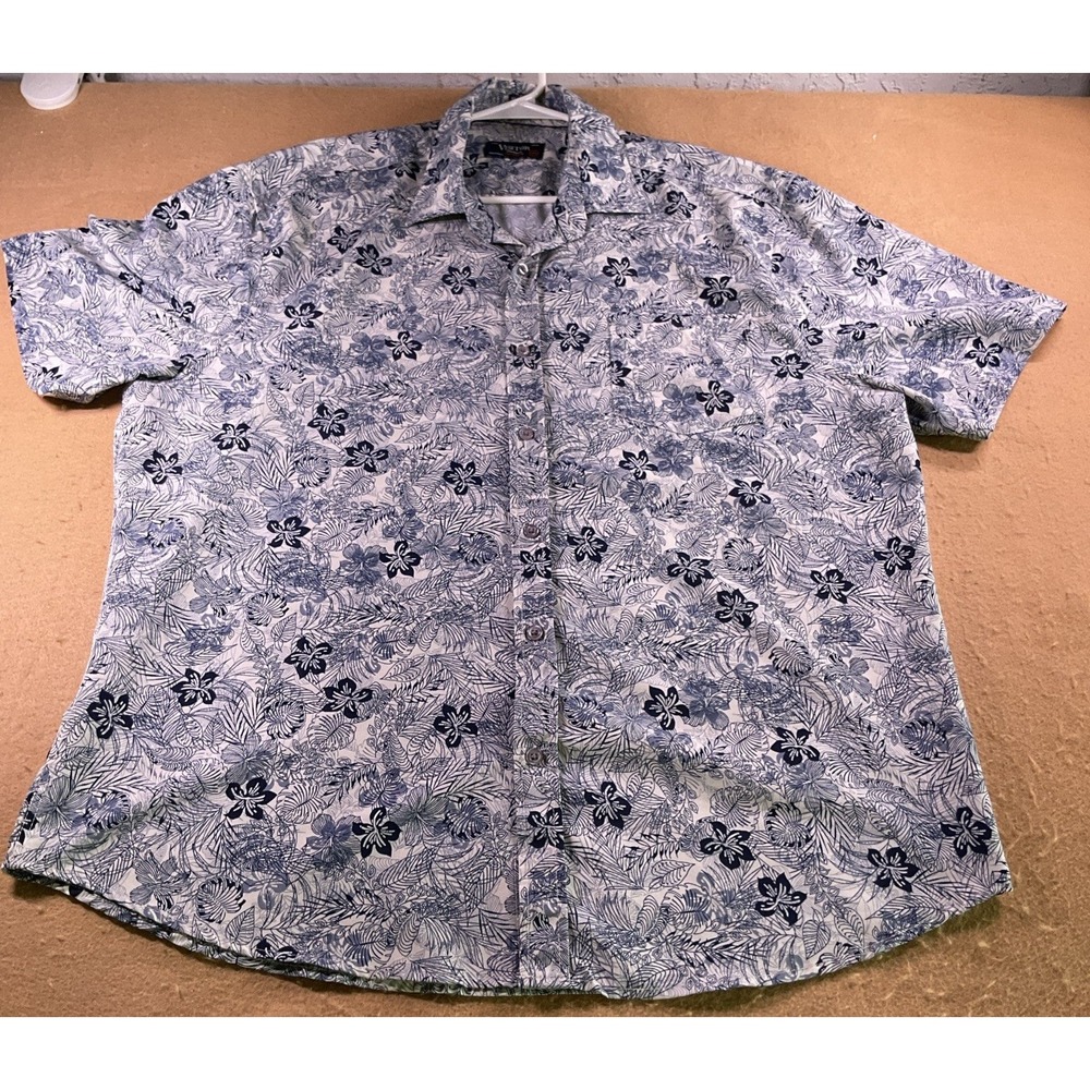 Visitor Premium Mens XXL Blue White Floral Tropical 4-Way Stretch Button Shirt